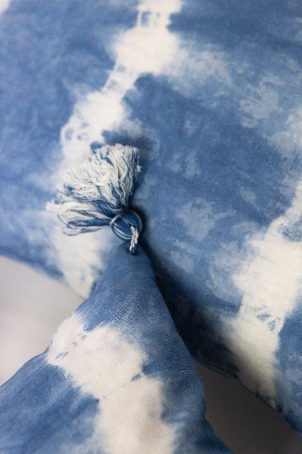 Archive New York Indigo Striped Shibori Tassel Lumbar Pillow 12" x 20"