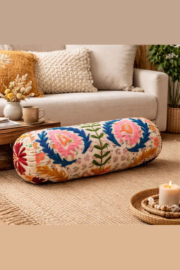 Expo Bazaar Kantha Charm Bolster Pillow 21x8" Cotton Fabric - White