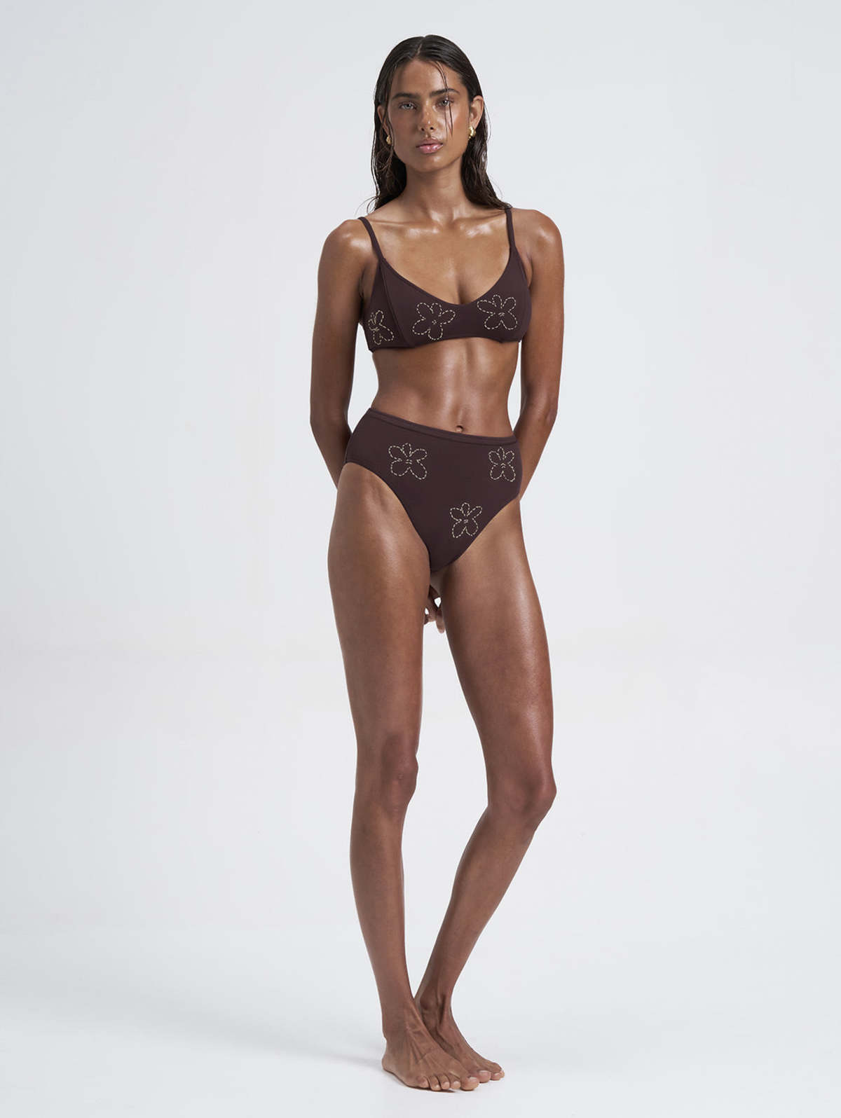 St. MACI Mira High Waist Bikini Bottoms With Floral Detail - Chocolate Stitch - Image 2 of 8