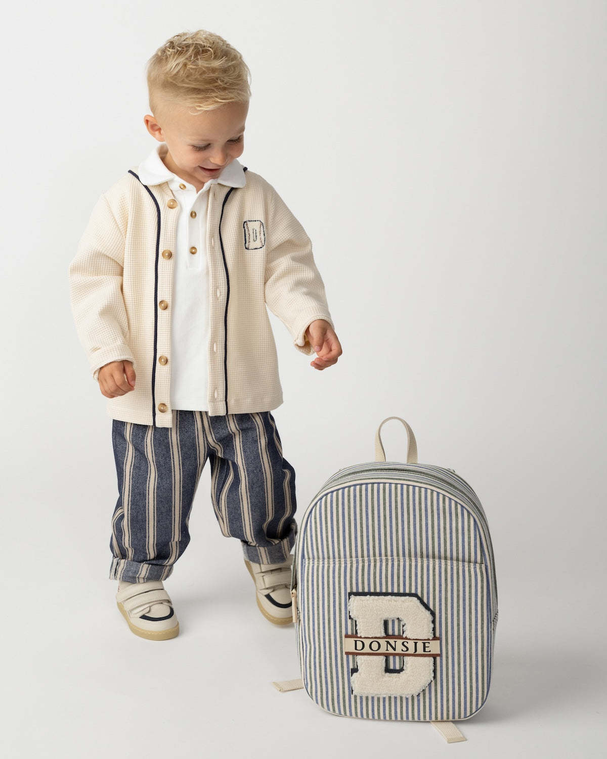 Donsje Raffie Schoolbag Backpack - Blue - Moss Green Striped - Image 2 of 6