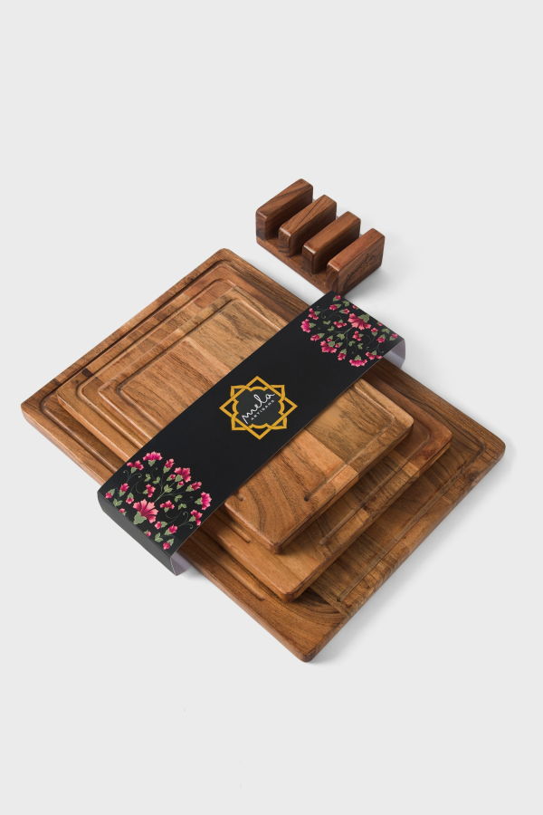 Mela Artisans Acacia Wood Cutting Board Set With Stand 3 Piece