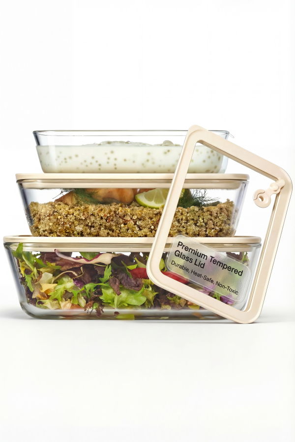 KooK Kitchenware Glass Storage Container Set With Lids Rectangular Set of 3