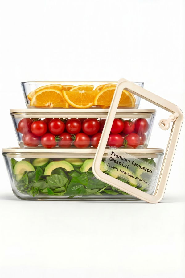 KooK Kitchenware Glass Storage Container Set With Lids Rectangular Set of 3