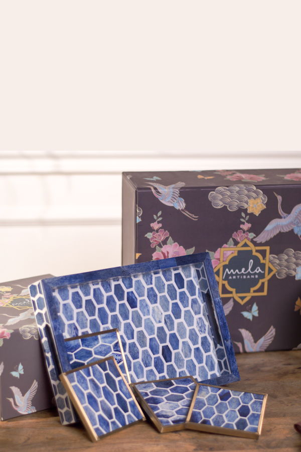 Mela Artisans Gramercy Bone Inlay Tray & Coasters Gift Box Set