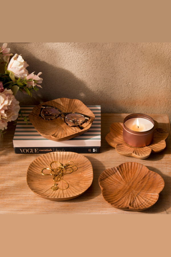 Mela Artisans Handcarved Wooden Trinket Trays Gift Set