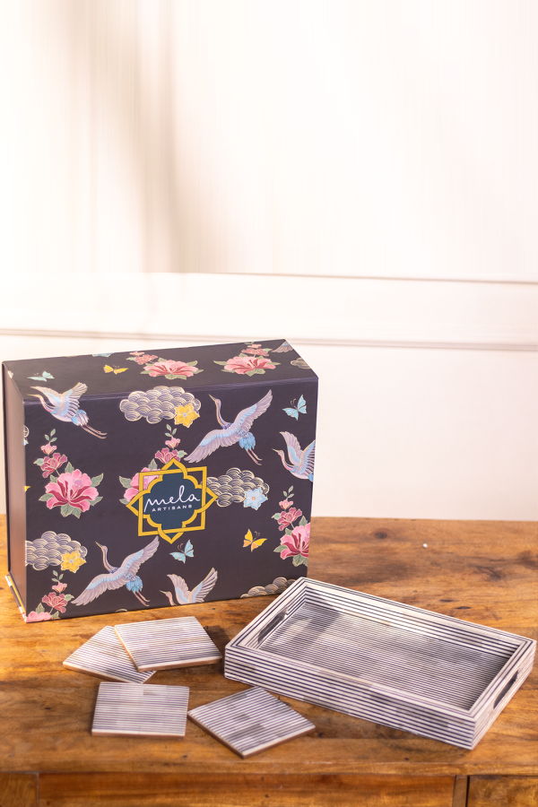 Mela Artisans Pinstripe Inlay Tray & Coasters Gift Box Set