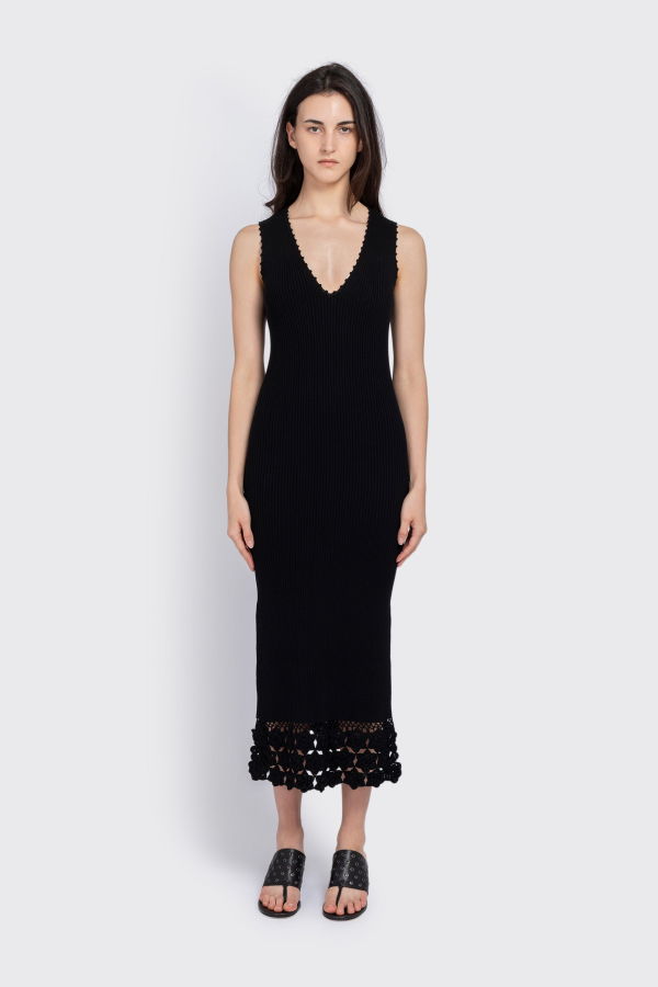Ganni Fine Cotton Rib Crochet Dress - Black