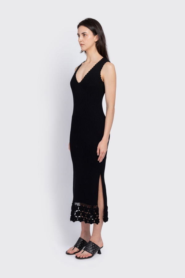 Ganni Fine Cotton Rib Crochet Dress - Black