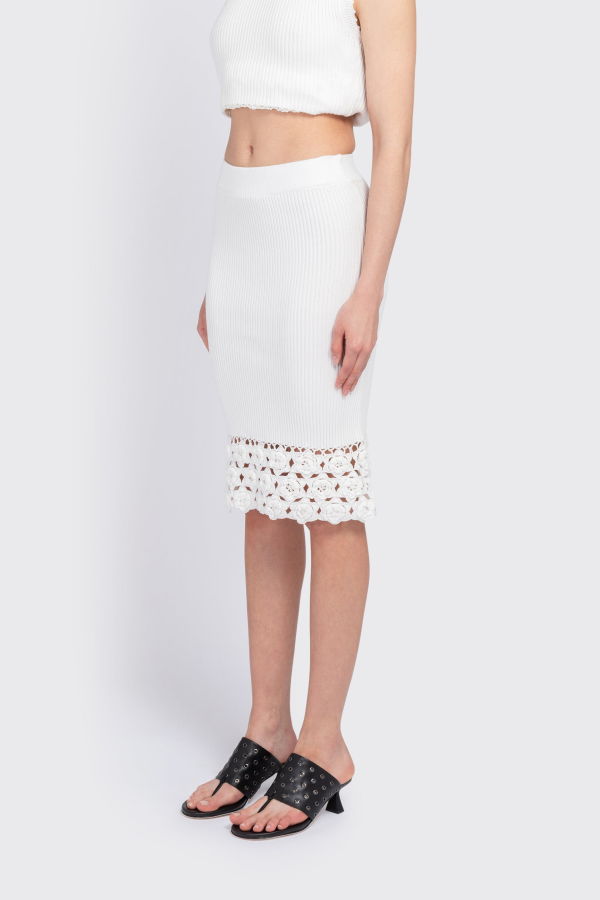 Ganni Fine Cotton Rib Crochet Skirt - Egret