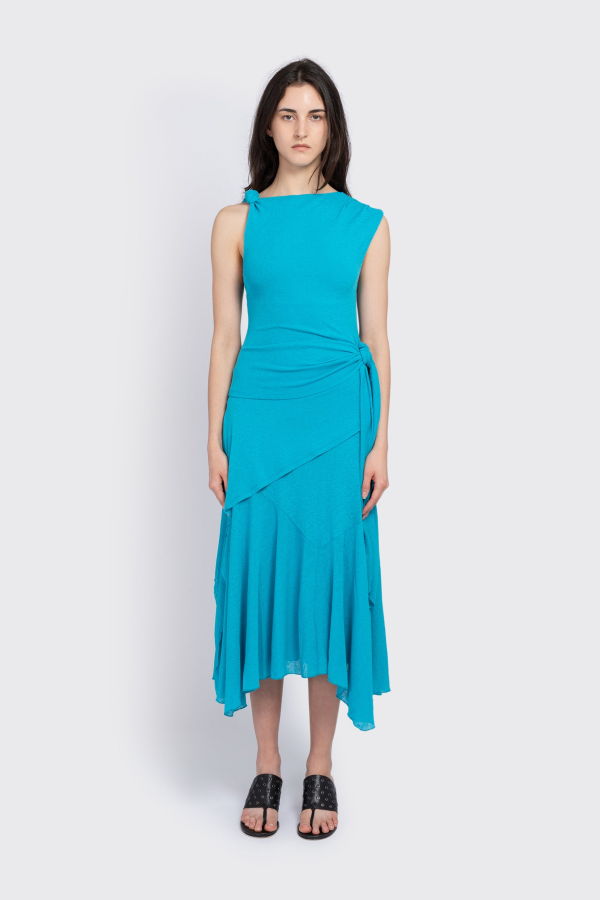 Ganni Marl Mesh Draped Knot Long Dress - Blue