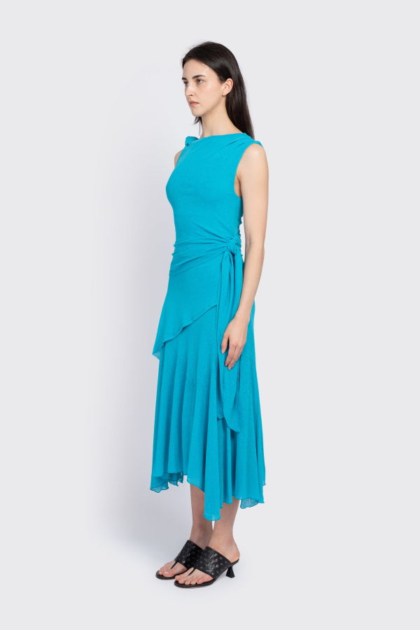 Ganni Marl Mesh Draped Knot Long Dress - Blue