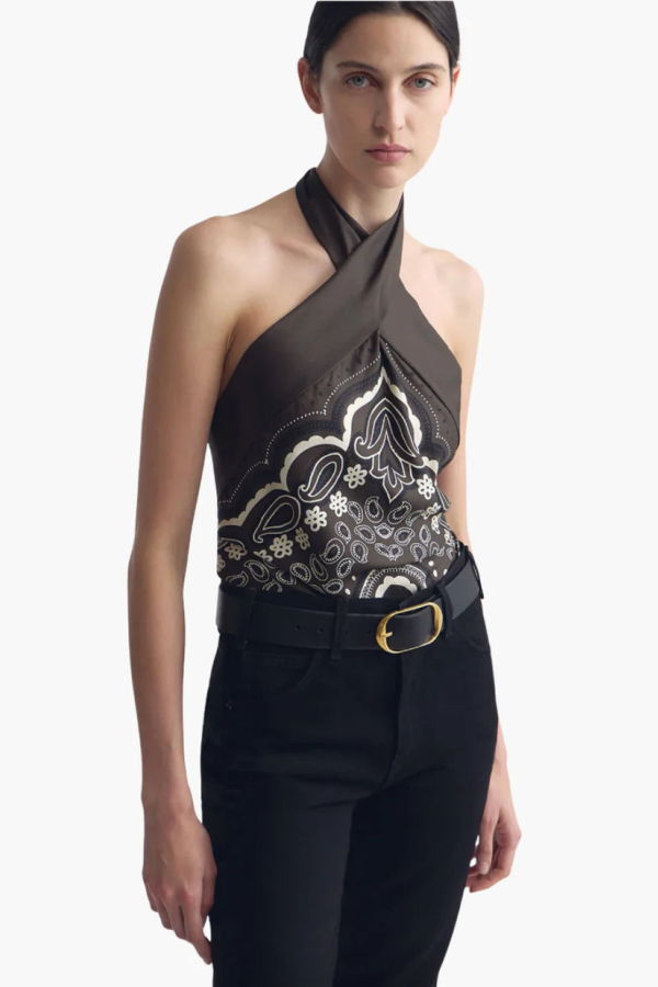 Nili Lotan Solal Silk Halterneck Top - Brown/Ivory Bandana Print