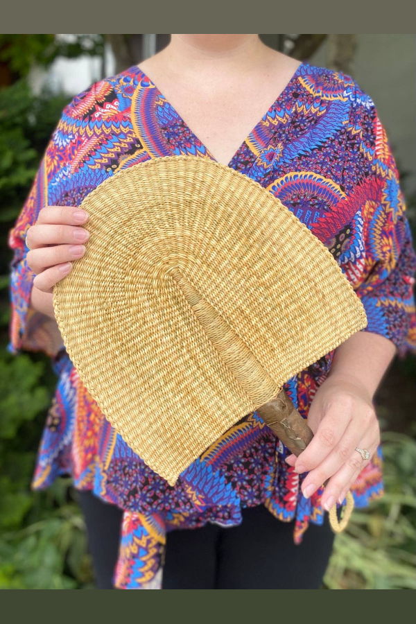 African Modern All Natural Veta Vera African Hand Fan with Leather Handle
