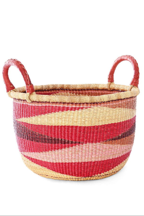 African Modern Shades of Red Triangle Design Double Handle Bolga Basket