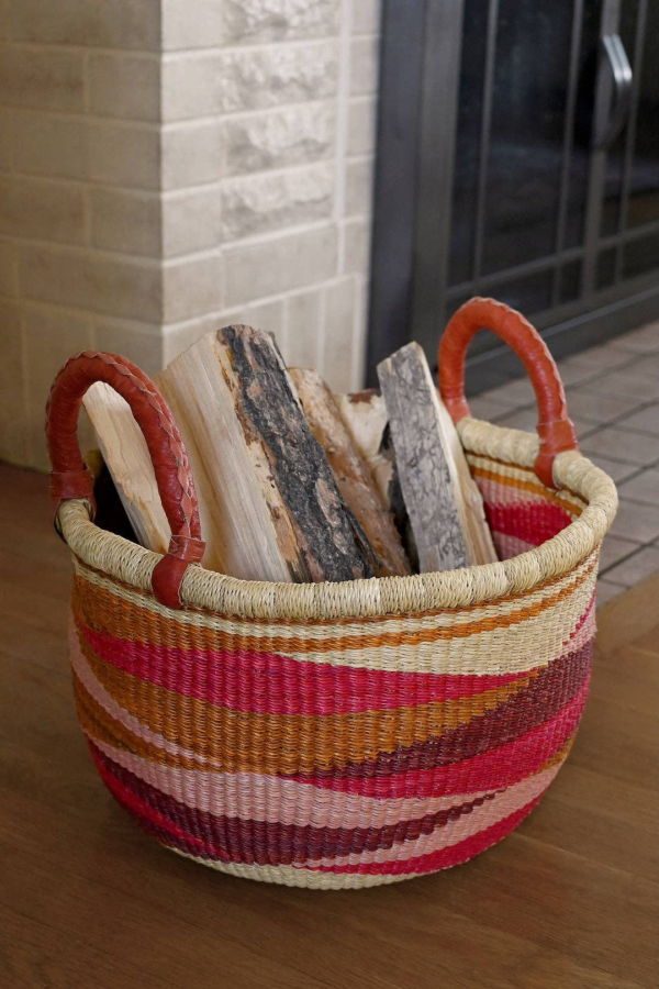 African Modern Shades of Red Triangle Design Double Handle Bolga Basket