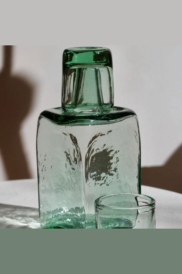 Magda Made Bedside Recycled Glass Carafe and Glass Set - Seaglass