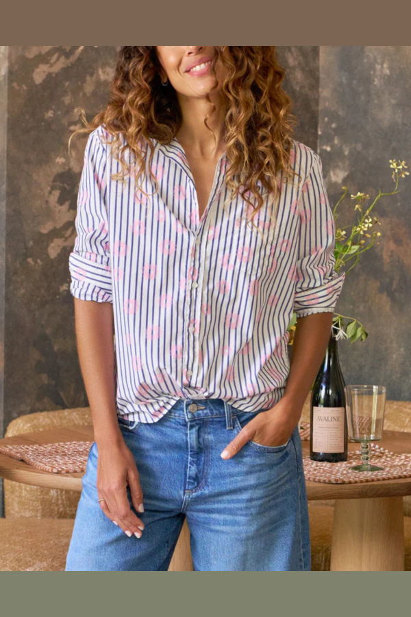 Frank & Eileen Eileen Relaxed Button-Up Shirt - Pink Flowers/ Blue Stripe