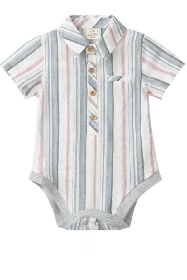 KIDS Me & Henry Stripe Helford Woven Onesie - Chambray/Neon