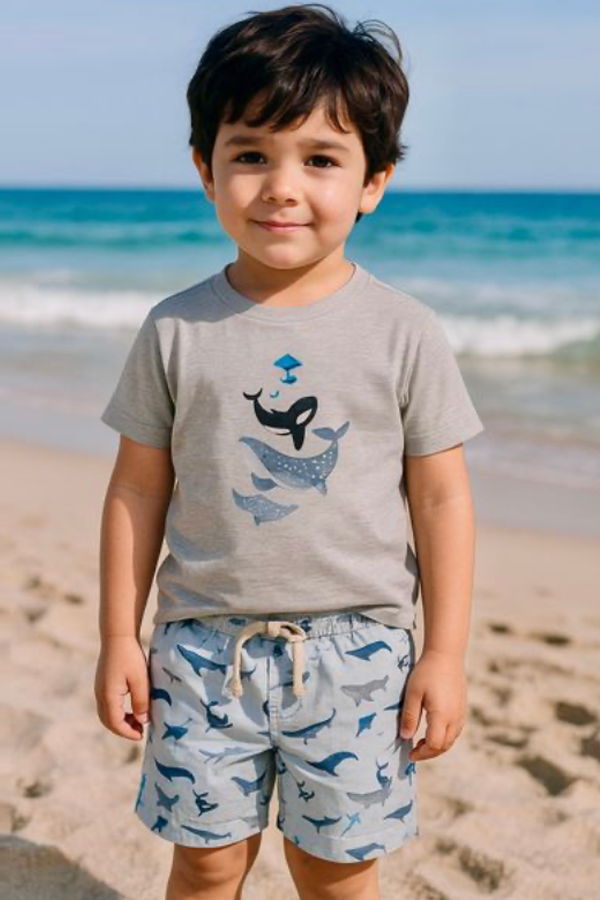 KIDS Me & Henry Falmouth Whales Printed Tee - Grey Marl