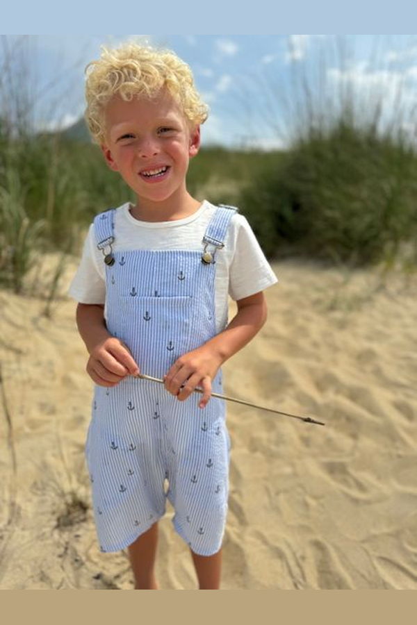 KIDS Me & Henry Galleon Anchor Print Seersucker Woven Buckled Overalls