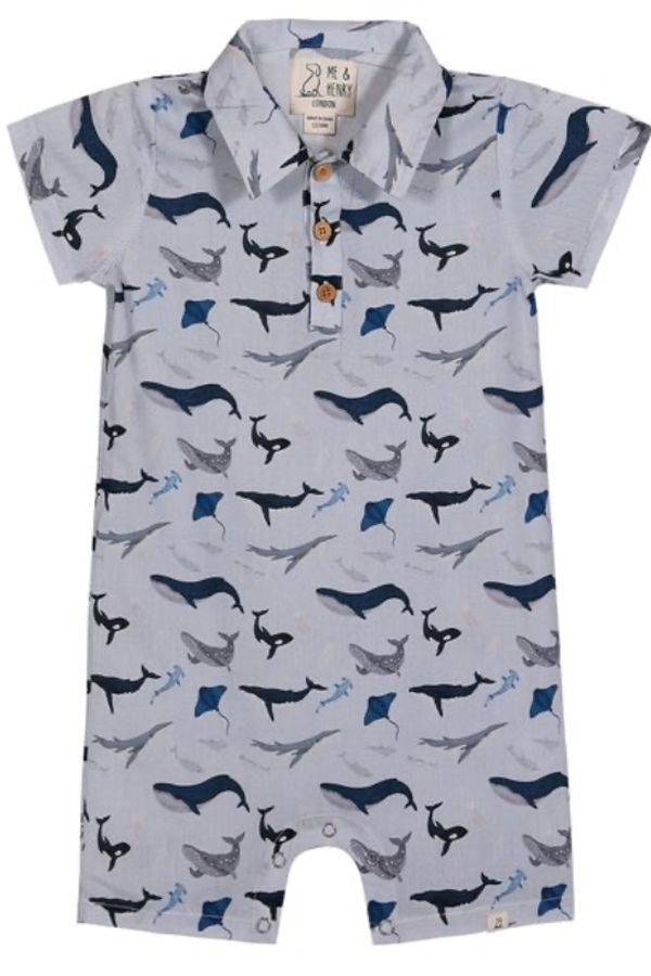 KIDS Me & Henry Molokai Blue Whale Printed Woven Romper