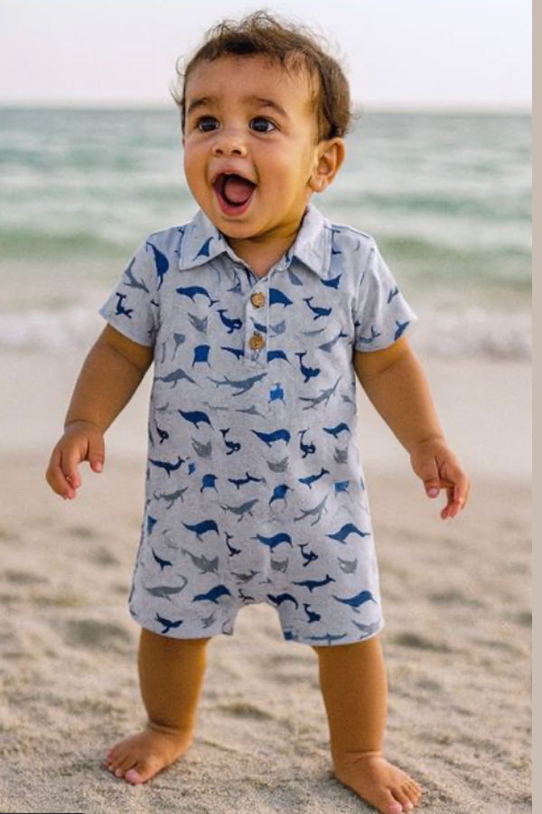 KIDS Me & Henry Molokai Blue Whale Printed Woven Romper
