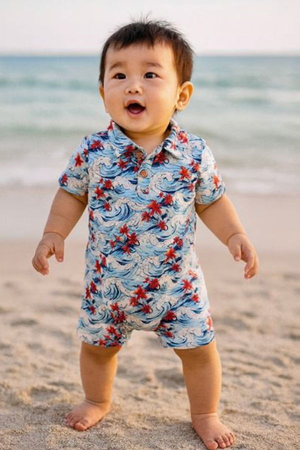 KIDS Me & Henry Molokai Hawaiian Waves Printed Woven Romper