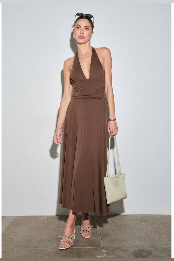 Loucia Mila Jersey Plunge Halter Maxi Dress