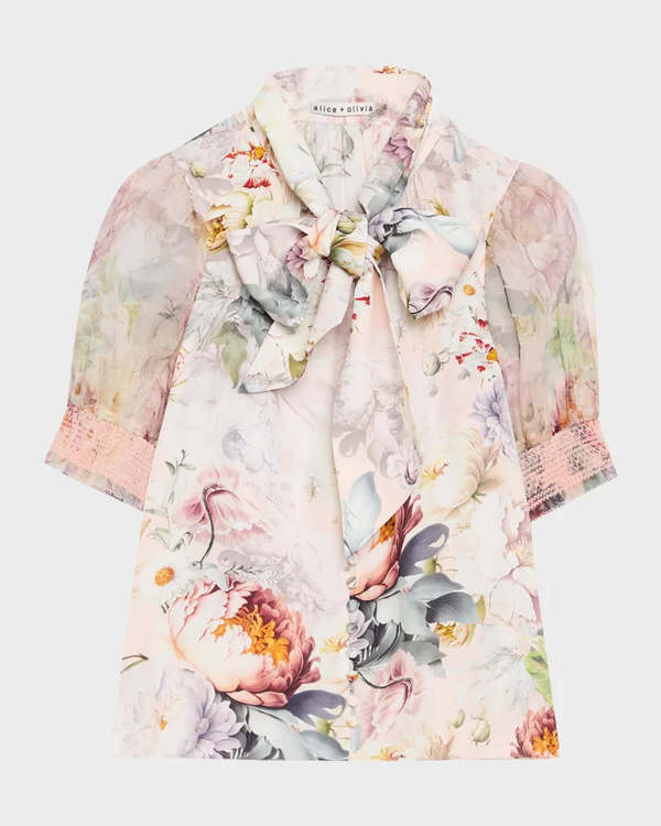 Alice + Olivia Brentley Tie Neck Puff Sleeve Blouse