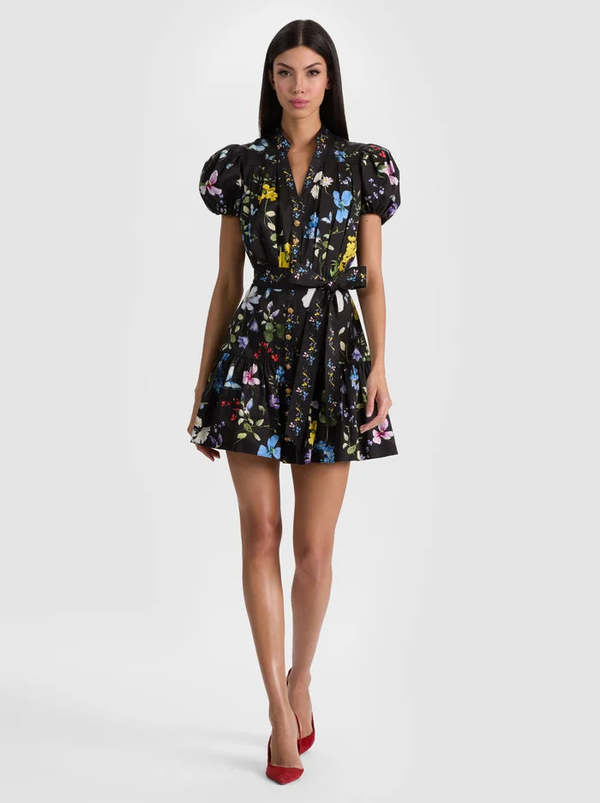 Alice + Olivia Cora Tiered Mini Shirt Dress - Twisting Vines Black Alice + Olivia Cora Tiered Mini Shirt Dress - Twisting Vines Black