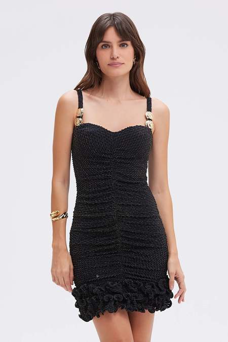 denim plus dress Final Sale Size Sleeveless Multi Layered Ruffle Chambray in Color Size:S/UK8/US4 Valentino Vintage Black Silk fridayjuly6 Shirt Collar Pattern Type
