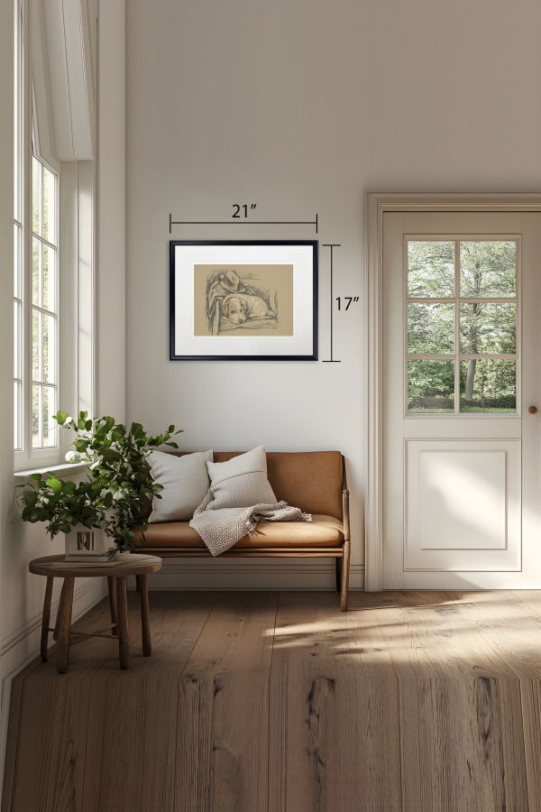 Antique Curiosities Dog with Hat Sketch Print in Black Frame