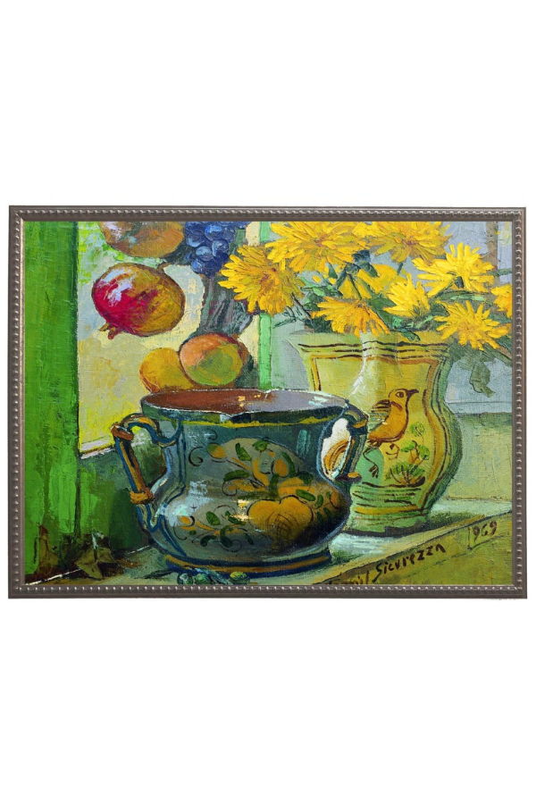 Antique Curiosities Flowers and Painted Vases in Gold Beaded Frame Framed Print