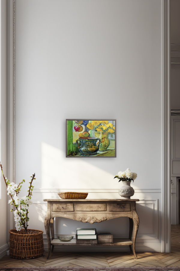 Antique Curiosities Flowers and Painted Vases in Gold Beaded Frame Framed Print