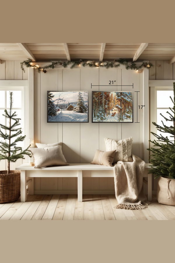 Antique Curiosities Vintage Oil Reproduction of a Snowy Cabin in the Woods Framed Print