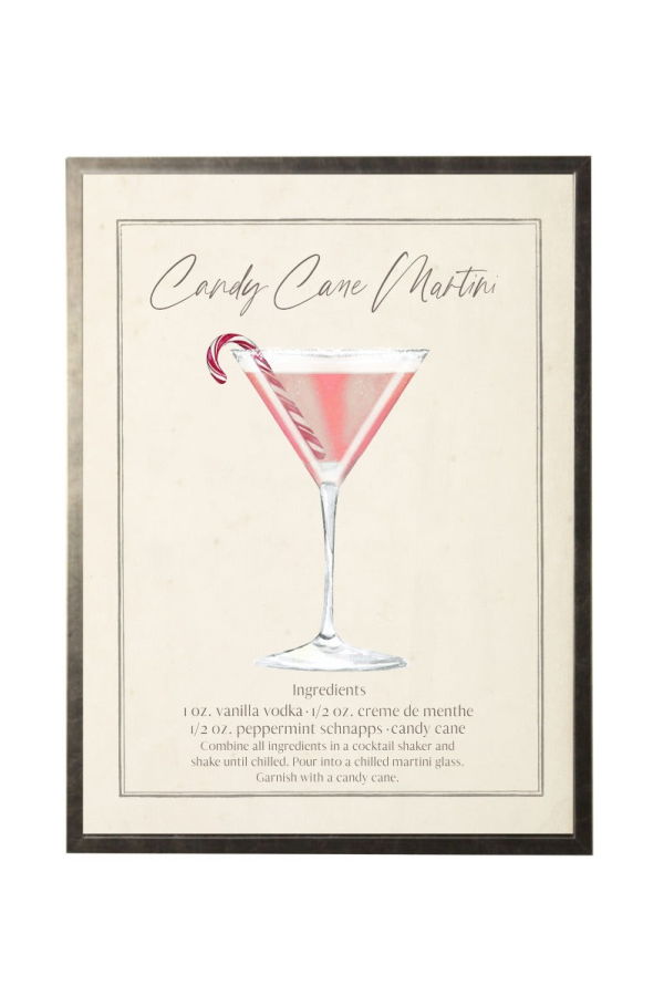 Antique Curiosities Watercolor Candy Cane Martini Cocktail and Recipe Framed Print - Pewter