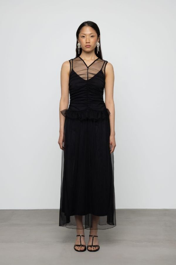 Esthé Gathered Sheer Dress With Decorative Frill - Black