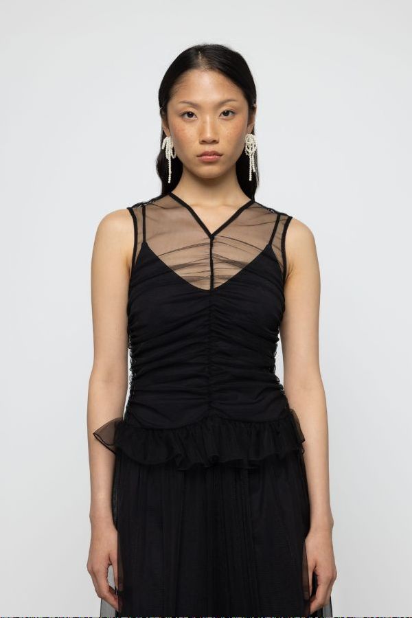 Esthé Gathered Sheer Dress With Decorative Frill - Black