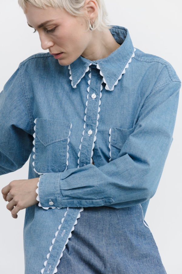 Carleen Rickrack Perfect Shirt - Medium Wash Chambray