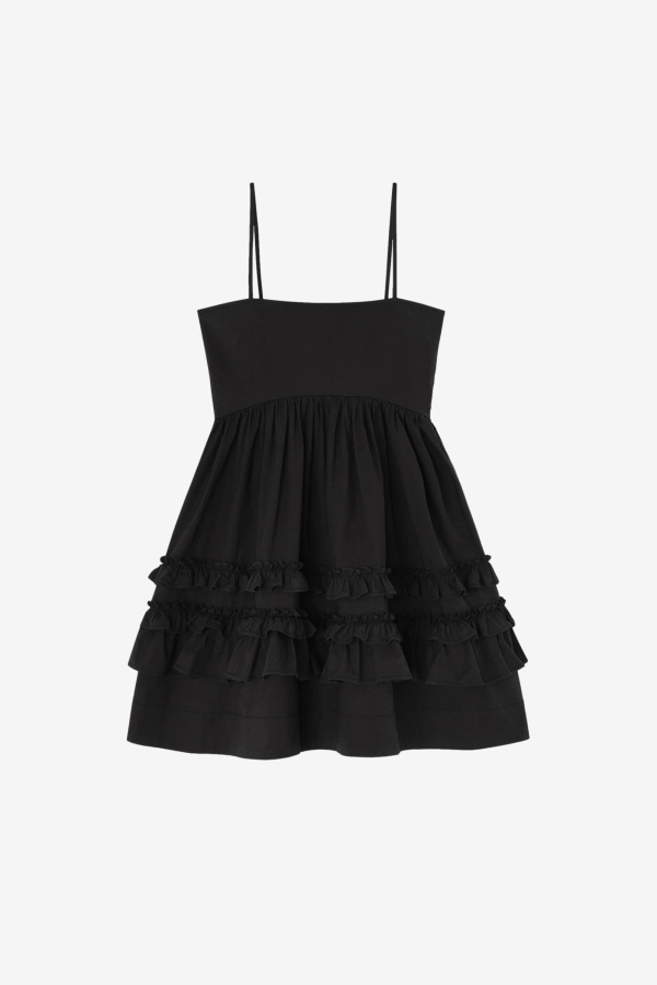 Ganni Stretch Cotton Mini Strap Dress With Frills