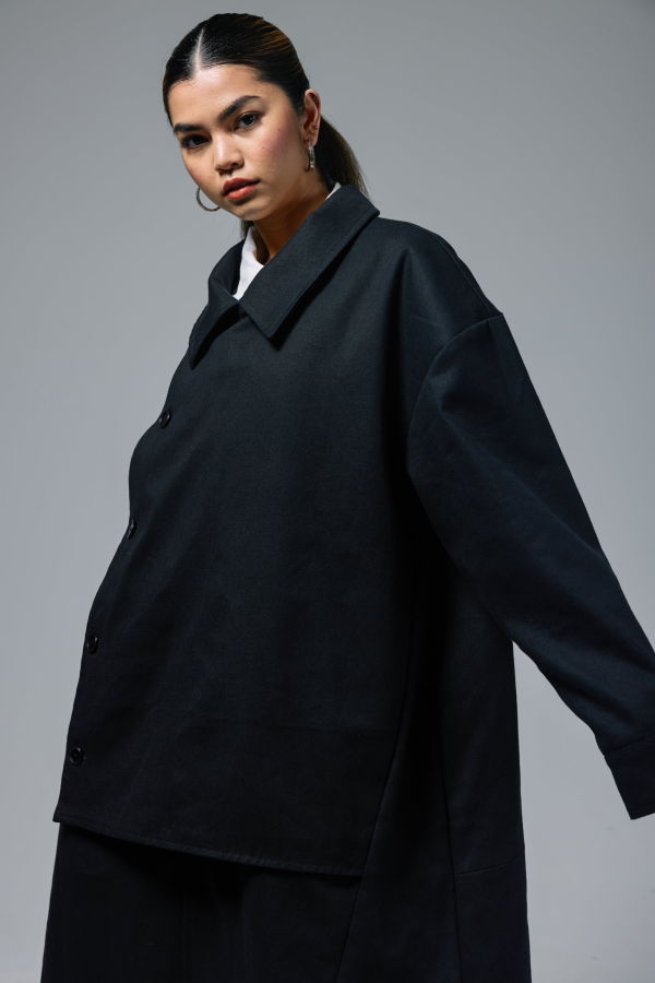 Shivajothi Asymmetrical Button Trench Coat