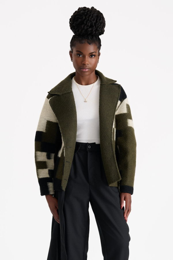 Shivajothi Cropped Pixelated Cameo Coat