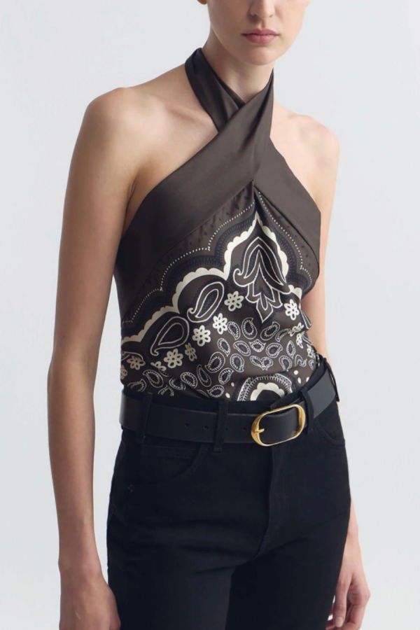 Nili Lotan Solal Silk Halterneck Top - Brown/Ivory Bandana Print