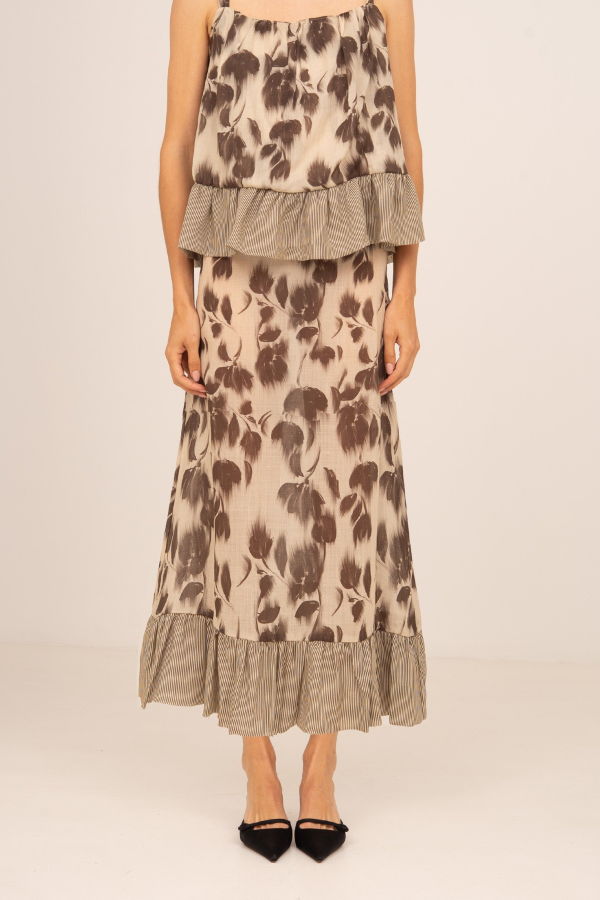 Carmen Says Bouquet Midi Skirt - Brown Flower Print