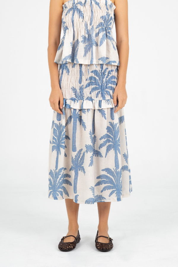 Carmensays Elios Palm-Printed Smocked Linen Midi Skirt