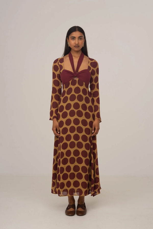 Carmensays Eternal Polka Dot Long Occasion Dress - Burgundy/Yellow
