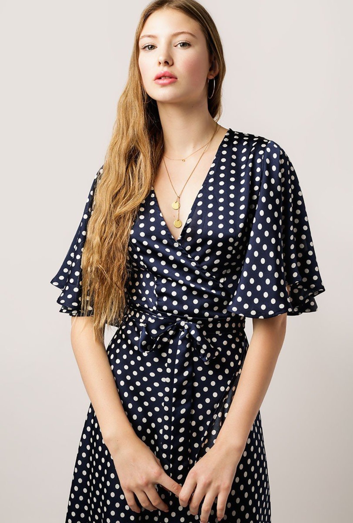 blue and white polka dot wrap dress Navy Polka Dot Zip Front Midi Dress - All Dresses