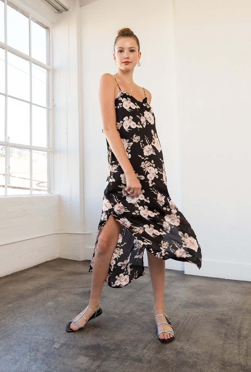 Azalea Satin Floral Midi Cami Dress - BLACK | Garmentory