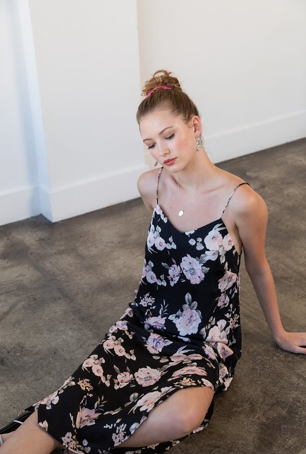 Azalea Satin Floral Midi Cami Dress - BLACK | Garmentory