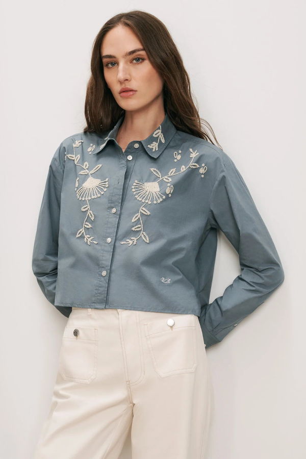 Veronica Beard Aderes Beaded Button-Down Shirt - Blue Steel